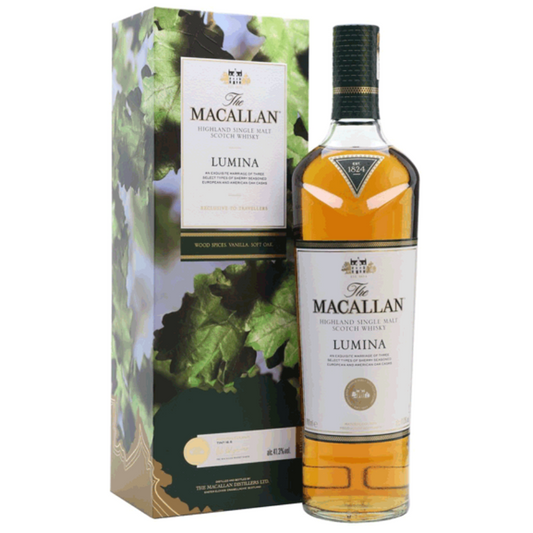 Macallan Lumina whisky bottle and packaging on a white background