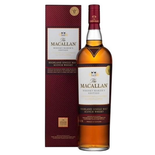 Macallan makers edition whisky bottle and box on a white background