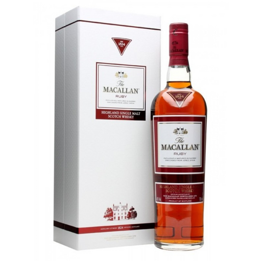 The Macallan Ruby whisky bottle and box on a white background