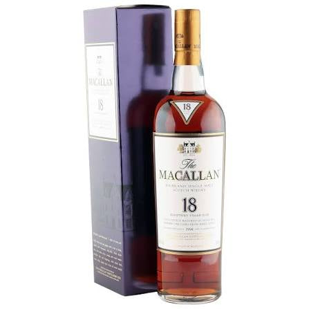 The Macallan 18-year-old sherry 1994 whisky bottle with box on a white background