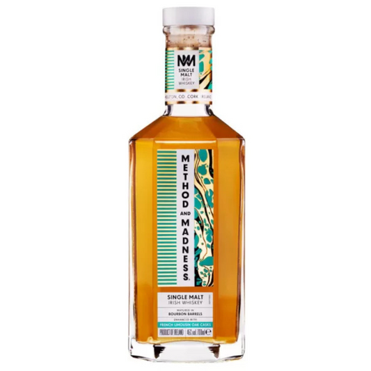 Bottle of Method and Madness Single Malt Irish Whiskey on a white background