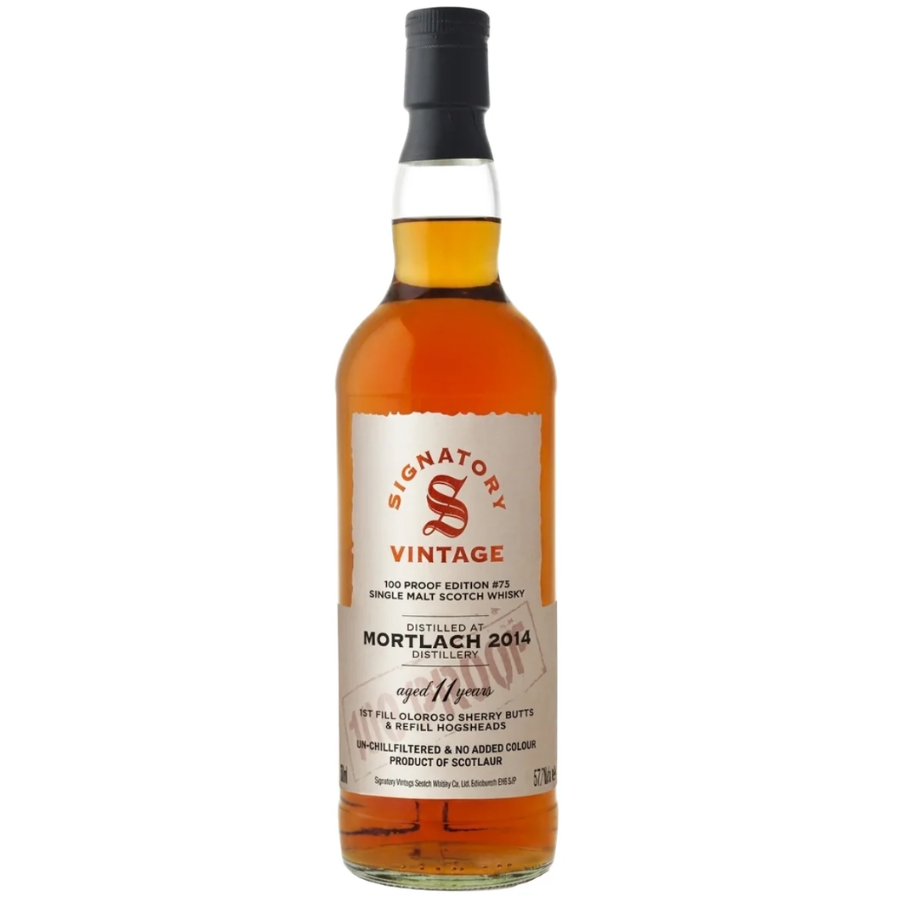 Mortlach 11 Year Old Signatory Vintage 100 Proof Edition Speyside single malt Scotch whisky bottle at 57.1% ABV