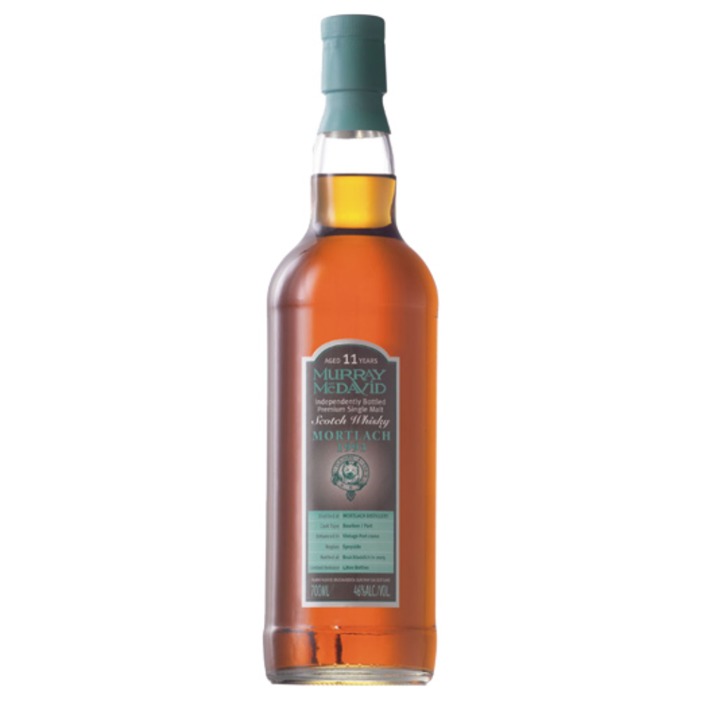 A bottle of Mortlach 1993 11 Year Old Murray McDavid single malt Scotch whisky with a label showing the brand, age, and volume information.