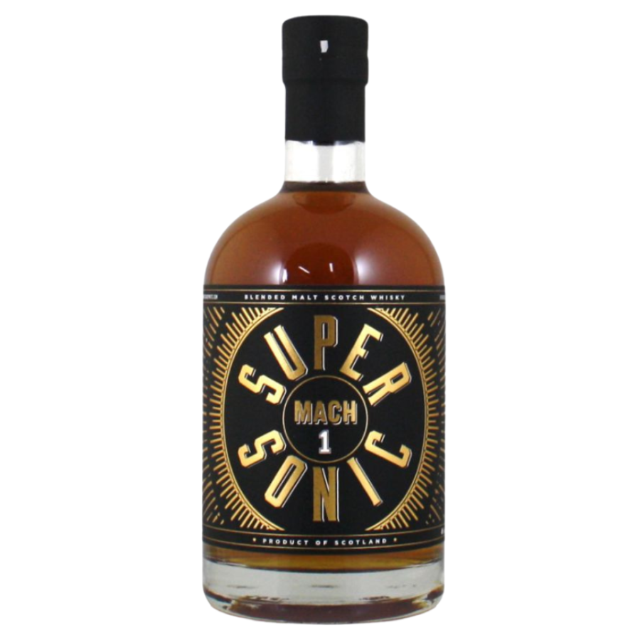 Bottle of Super Sonic Mach 1 whisky on a white background