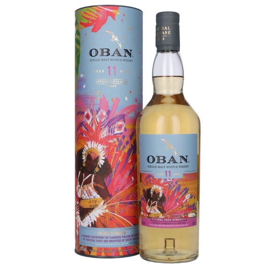 Oban whisky 11yo 2023 bottle and colorful packaging on a white background