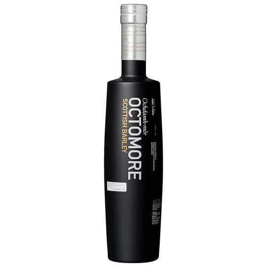 A bottle of Bruichladdich Octomore 6.1 whisky with a black label featuring white and silver text.