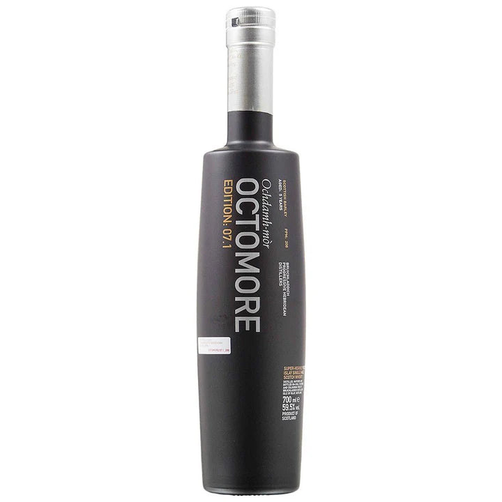 A bottle of Bruichladdich Octomore 7.1 single malt Scotch whisky with a dark label and silver accents.