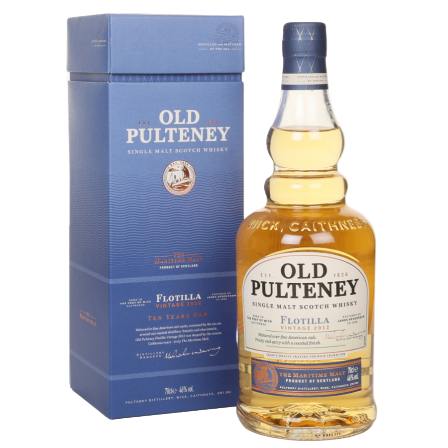 Old Pulteney 10 Year Old Flotilla 2008 and packaging on a white background