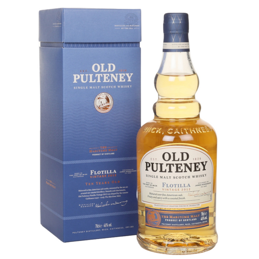 Old Pulteney 10 Year Old Flotilla 2012 and packaging on a white background