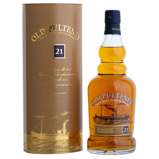 Old Pulteney 21-year-old whisky bottle and packaging on a white background