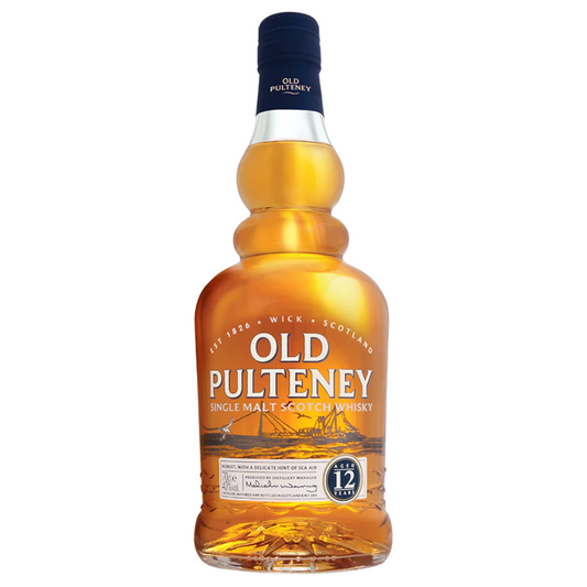 A bottle of Old Pulteney 12 Year Old Single Malt Scotch Whisky with a label showcasing the brand and product details against a white background.