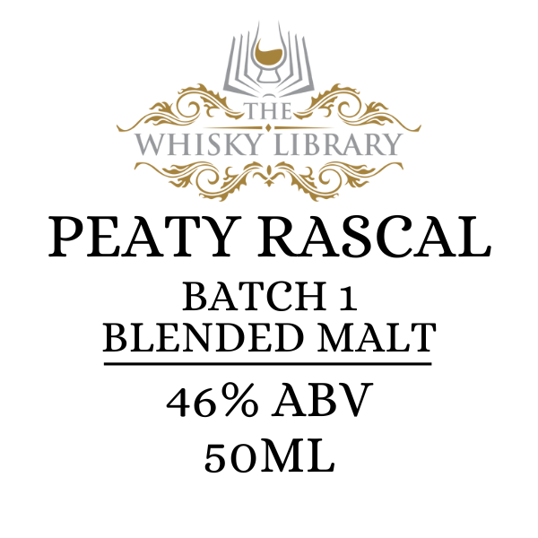 Label for Peaty Rascal Blended Malt whisky from The Whisky Library on a white background