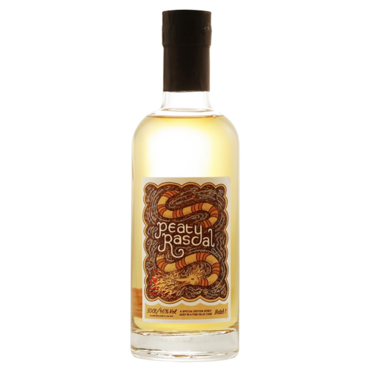 Bottle of Peaty Rascal on a white background
