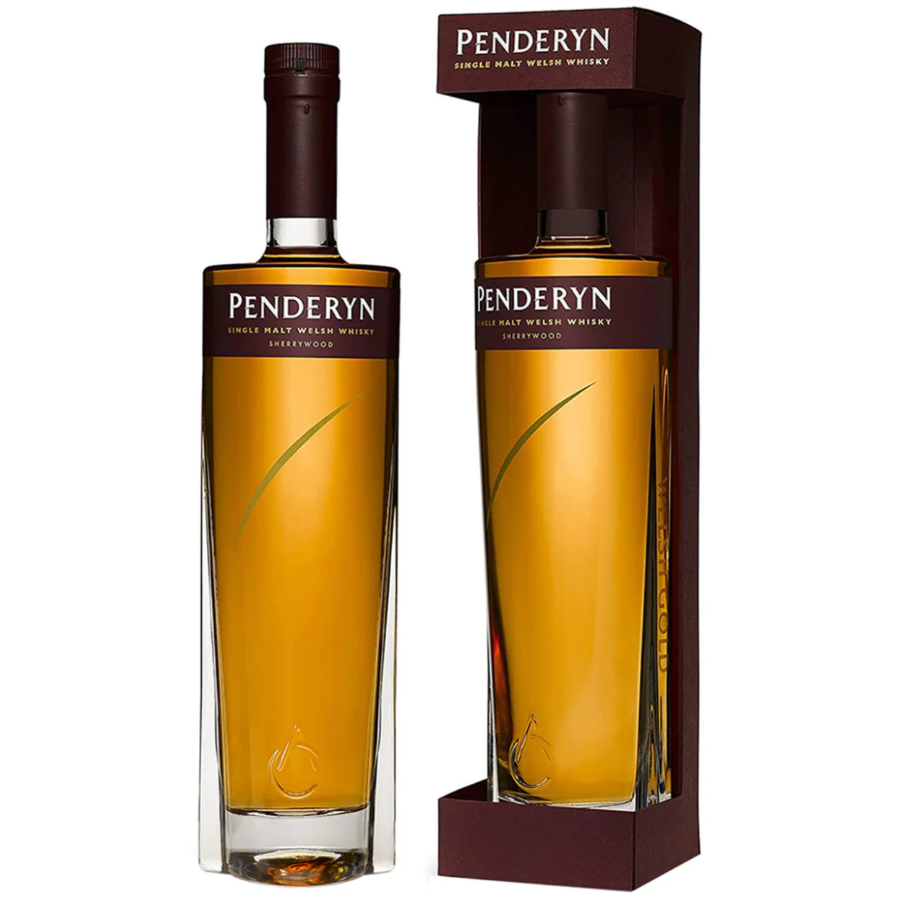 Penderyn Sherrywood Whisky Bottle and a Box on a white background