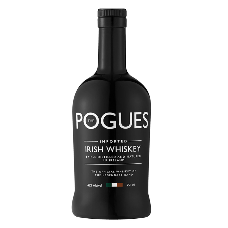 Black bottle of The Pogues Irish Whiskey on a white background