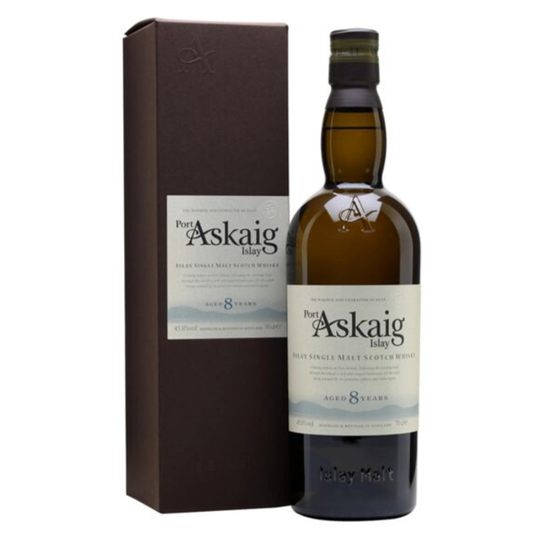 Port Askaig 8yo Islay whisky bottle and box on a white background