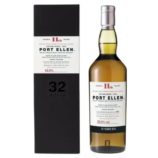 11th release 32 year old Port Ellen whisky bottle and box on a white background