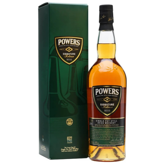 Powers Signature Release Irish whiskey bottle with box.