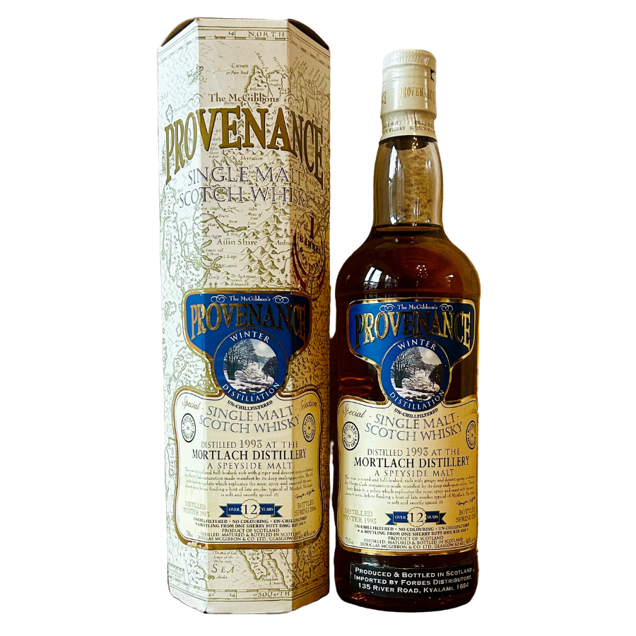 Provenance Mortlach 12 yo single malt Scotch whisky bottle and packaging.