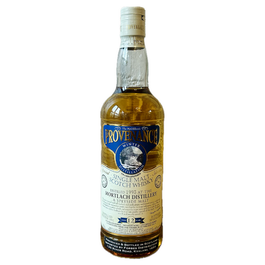Bottle of Provenance Mortlach 12yo whisky on a white background