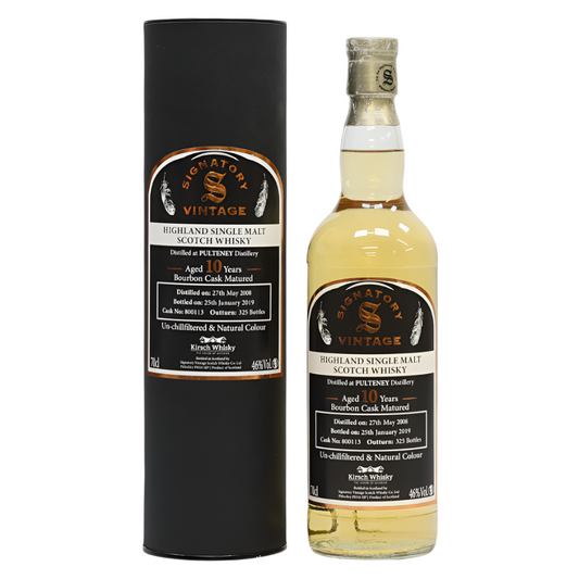Pulteney 10 Year Old 2008 whisky bottle and Signatory packaging