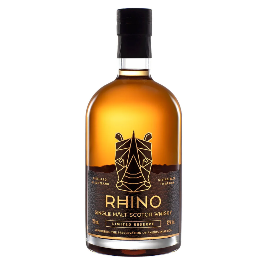 Bottle of Rhino Single Malt Scotch Whisky on a white background