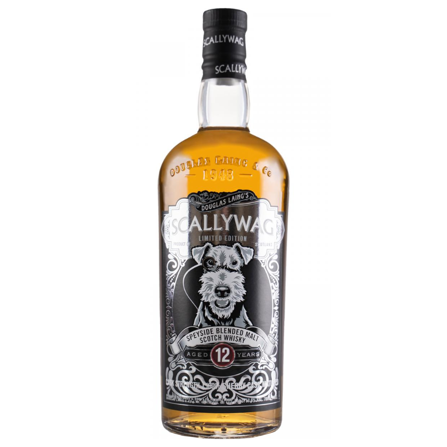 Scallywag whisky bottle with a dog illustration on the label against a white background