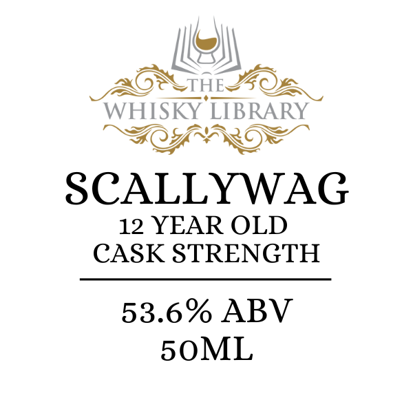 Whisky label for 'Scallywag 12 Year Old Cask Strength' from The Whisky Library on a white background.