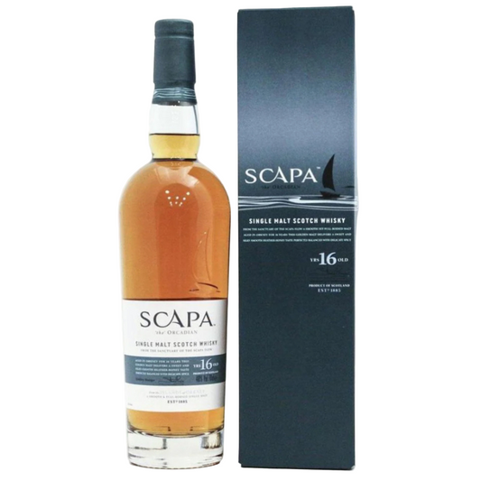 Scapa The Orcadian 16 Year Old whisky bottle and packaging on a white background