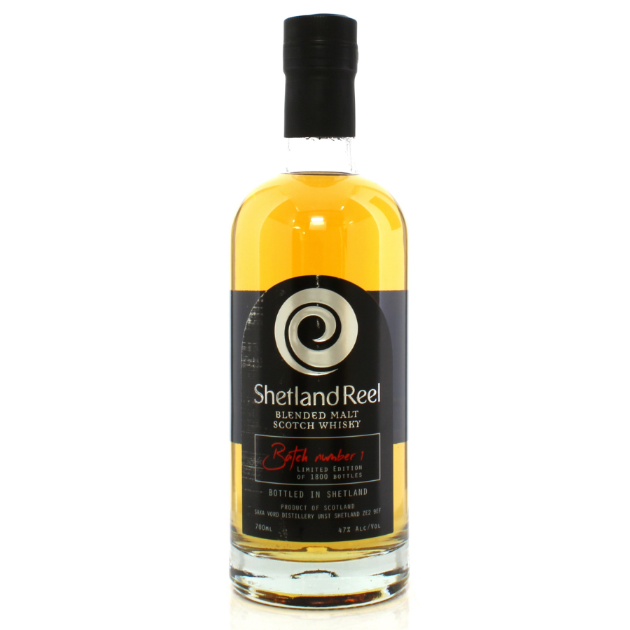 Bottle of Shetland Reel blended malt Scotch whisky on a white background