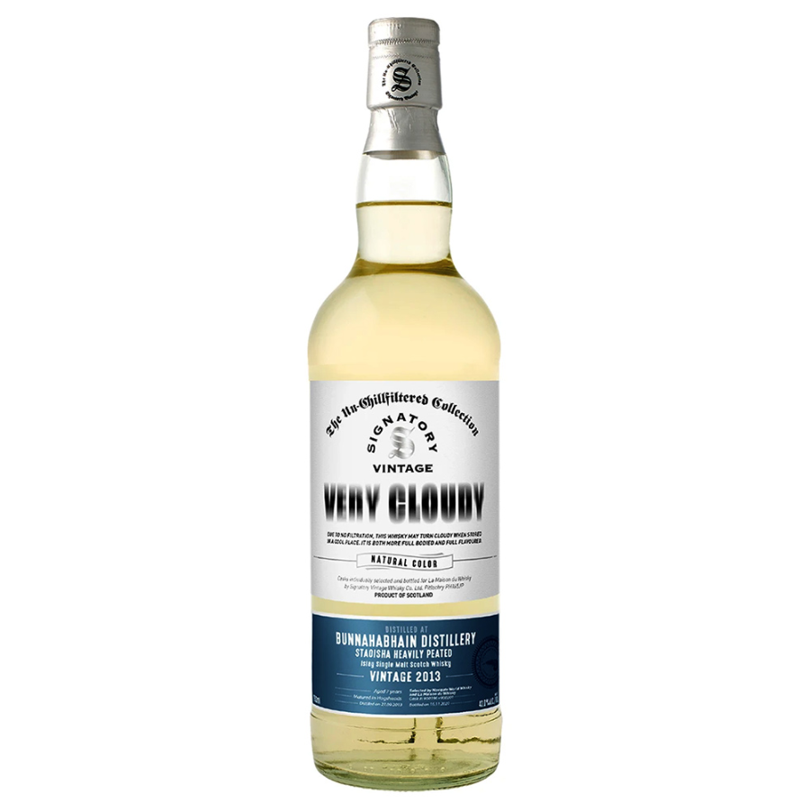 Bottle of Very Cloudy whisky with a white label on a white background