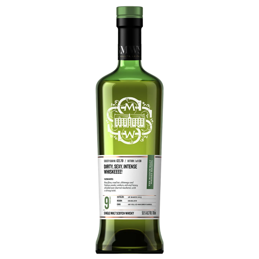 SMWS Cask No. 122.70 9 Year Old Dirty, sexy, intense whiskeeee! single malt bottle  on a white background