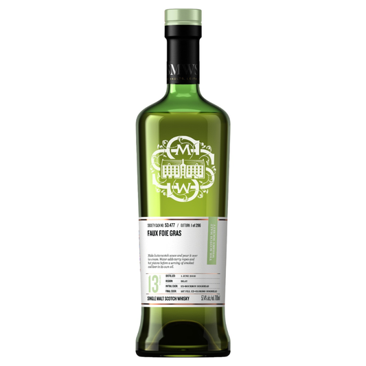 SMWS 13 year old Faux Foie Gras whisky bottle on a white background.