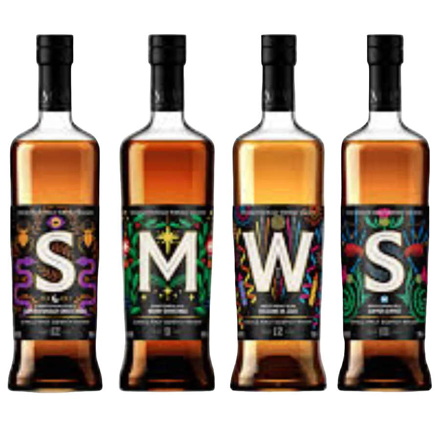 Four bottles of alcohol with colorful labels on a white background