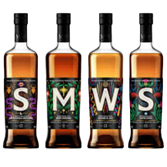 Four bottles of alcohol with colorful labels on a white background