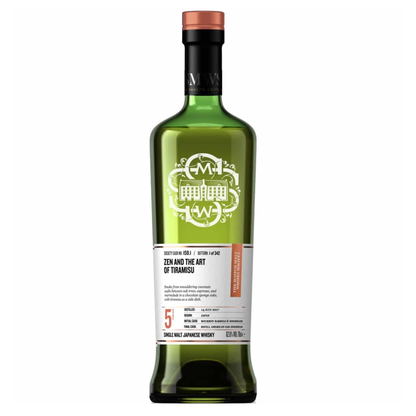 Green whiskey bottle with a white label on a white background