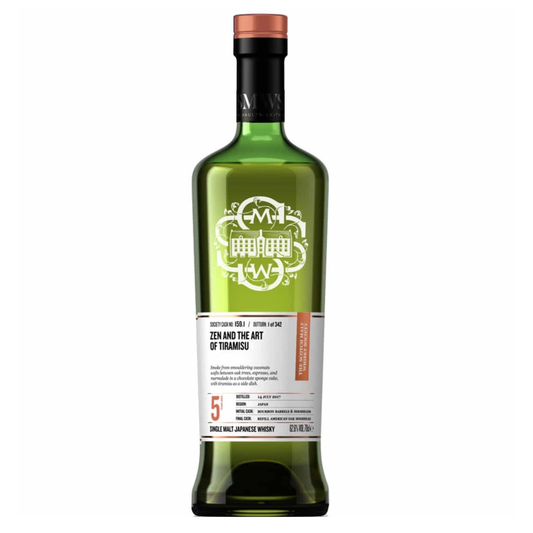 Green whiskey bottle with a white label on a white background