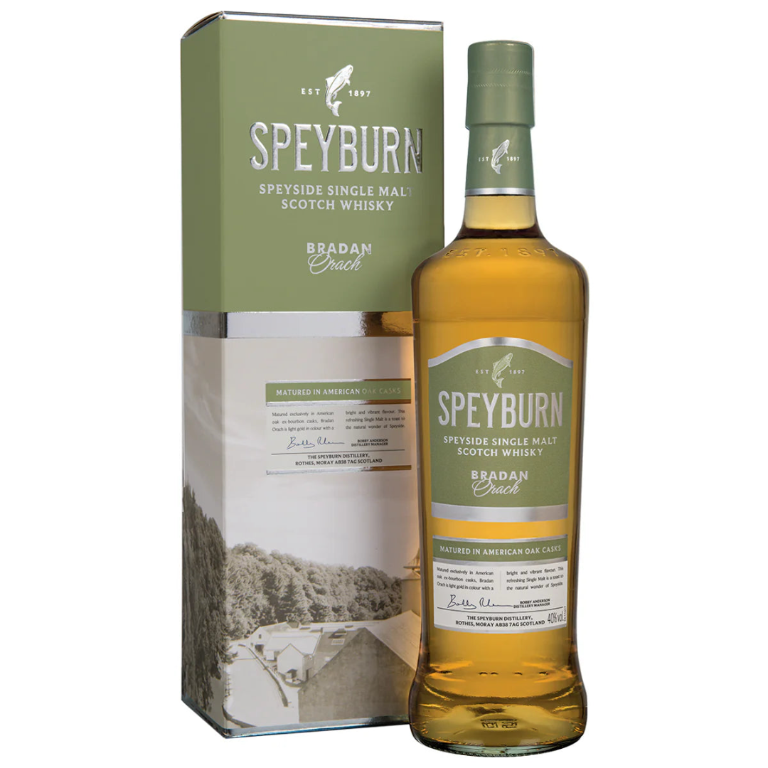 A bottle of Speyburn Bradan Orach single malt Scotch whisky with the product packaging box behind it.