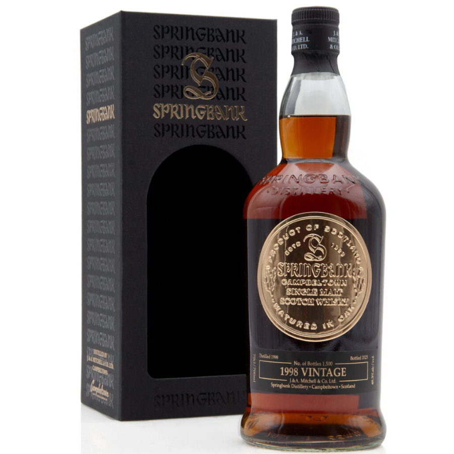 Springbank 1998 26 year old whisky bottle and packaging on a white background