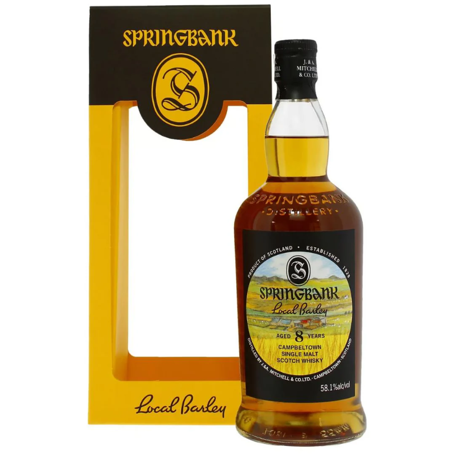 Springbank local barley 8yo whisky bottle with packaging on a white backgroun