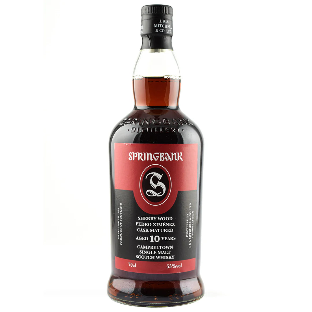 Springbank 10 year Px Scotch Whisky on the white background.