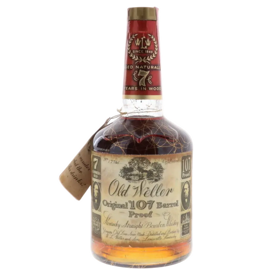 Bottle of Old Weller whiskey with a red label on a white background