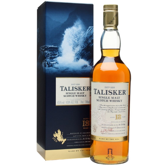 Talisker 18yo single malt Scotch whisky bottle and packaging on a white background