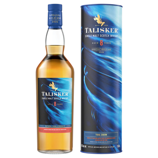 Talisker 8yo 2024 release diageo single malt Scotch whisky bottle and packaging on a white background