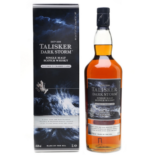 Talisker Dark Storm single malt Scotch whisky bottle and packaging on a white background