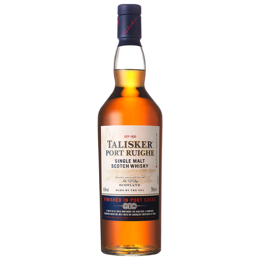 Talisker Port Ruighe single malt Scotch whisky bottle on a white background