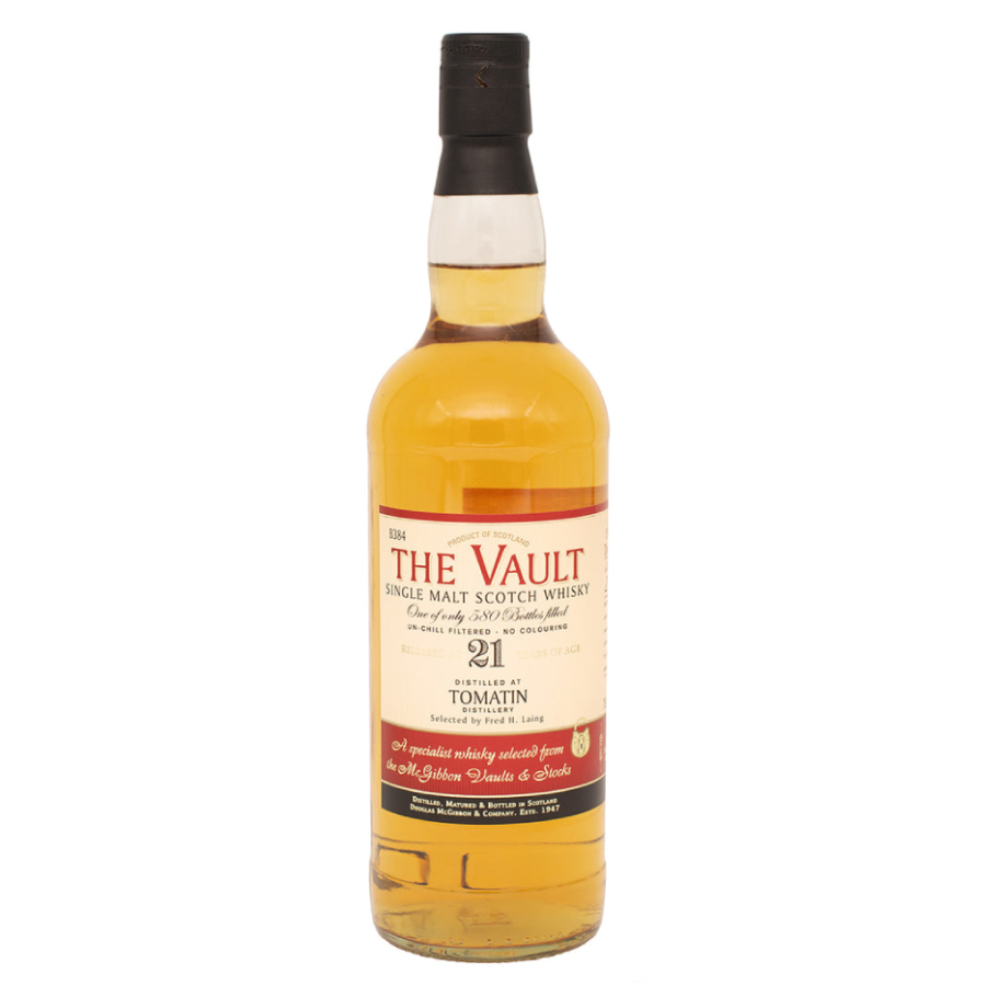 Bottle of The Vault single malt Scotch whisky on a white background