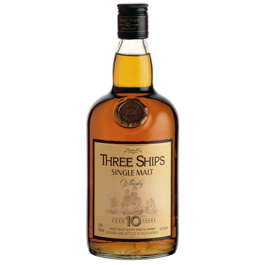 Three Ships Single Malt South African Whisky Bottle on a white background.