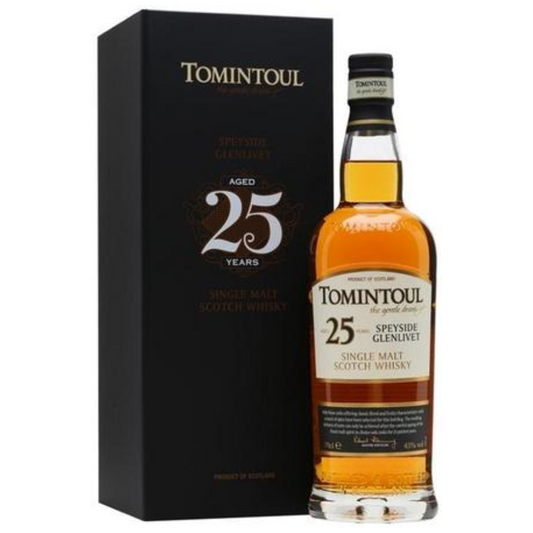 Tomintoul 25-year-old whisky bottle and box on a white background