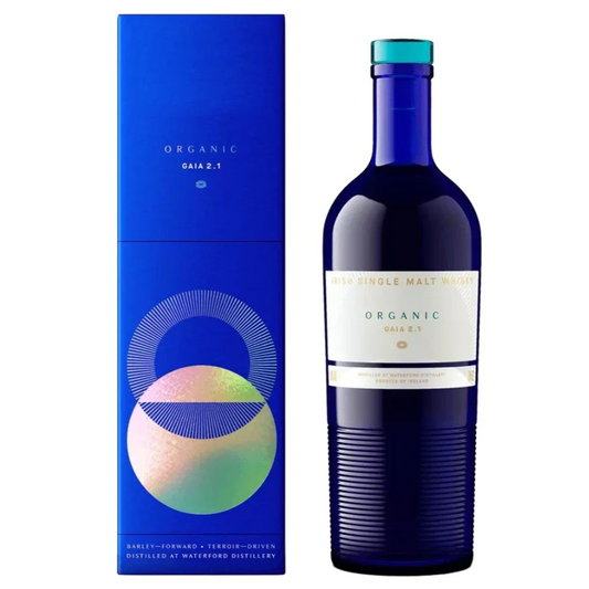 Blue Waterford Organic Gaia 2.1 Arcadian Series whisky bottle with matching box on a white background